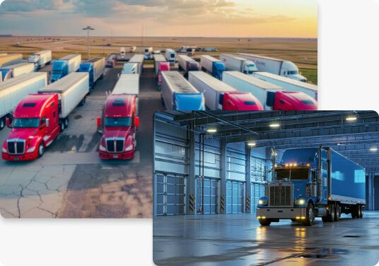 Aerial view of semi trucks in a well-lit and fenced storage lot - secure semi truck storage with 24/7 access